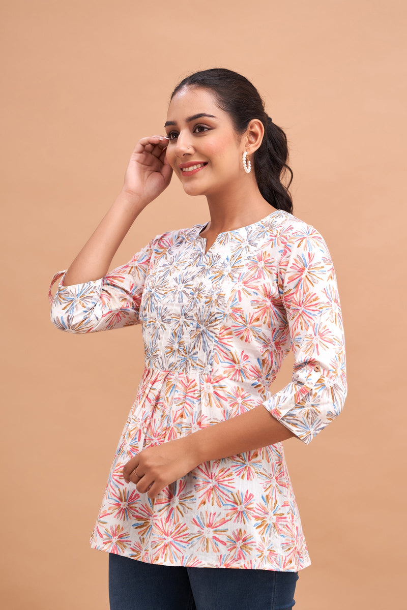 Ethnic Motifs Printed Gathers Cotton Tunic