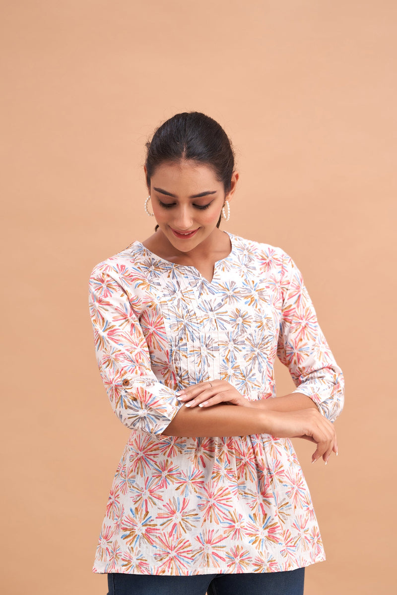 Ethnic Motifs Printed Gathers Cotton Tunic