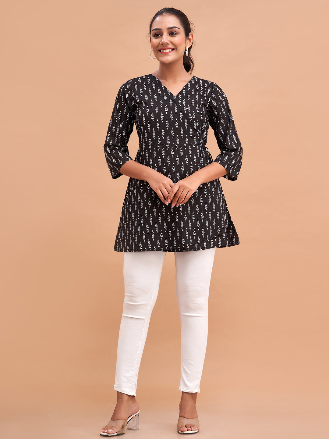 Floral Printed V-Neck Pure Cotton Angrakha A-Line Kurti FRKT6176