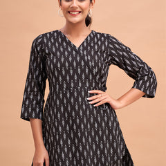 Floral Printed V-Neck Pure Cotton Angrakha A-Line Kurti
