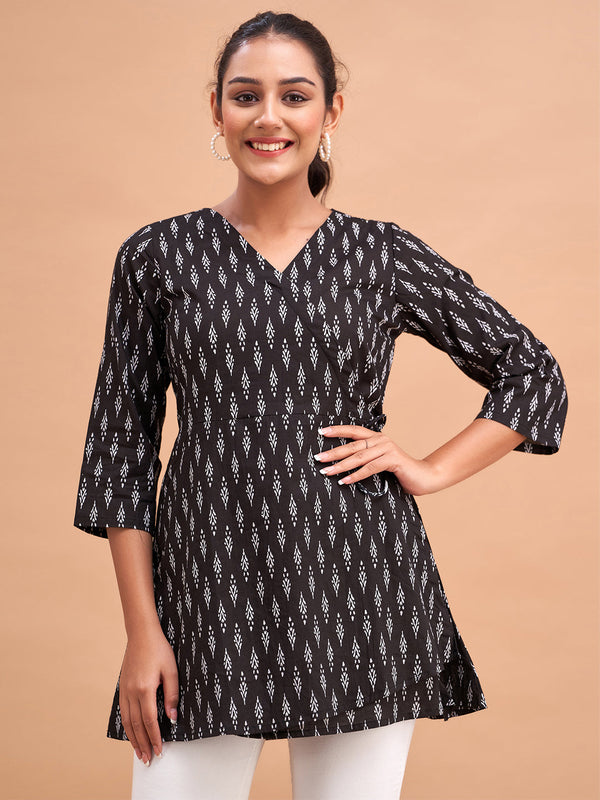 Floral Printed V-Neck Pure Cotton Angrakha A-Line Kurti
