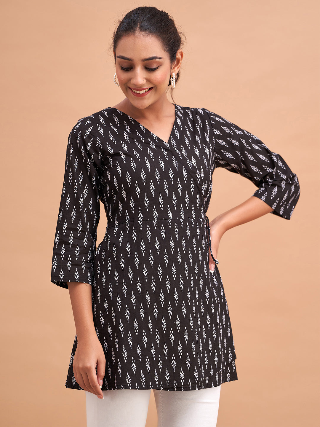 Floral Printed V-Neck Pure Cotton Angrakha A-Line Kurti FRKT6176