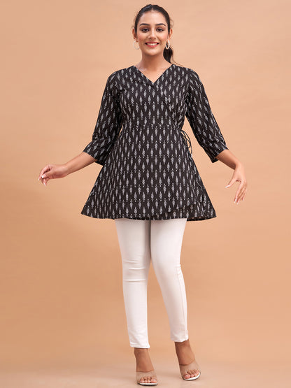 Floral Printed V-Neck Pure Cotton Angrakha A-Line Kurti FRKT6176