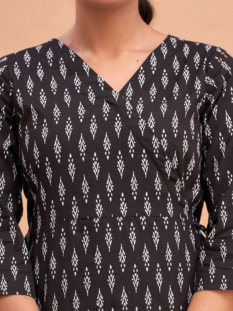 Floral Printed V-Neck Pure Cotton Angrakha A-Line Kurti