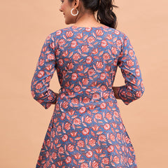 Floral Printed V-Neck Pure Cotton Angrakha A-Line Kurti