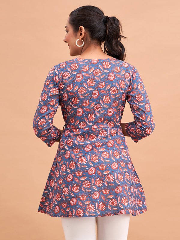 Floral Printed V-Neck Pure Cotton Angrakha A-Line Kurti