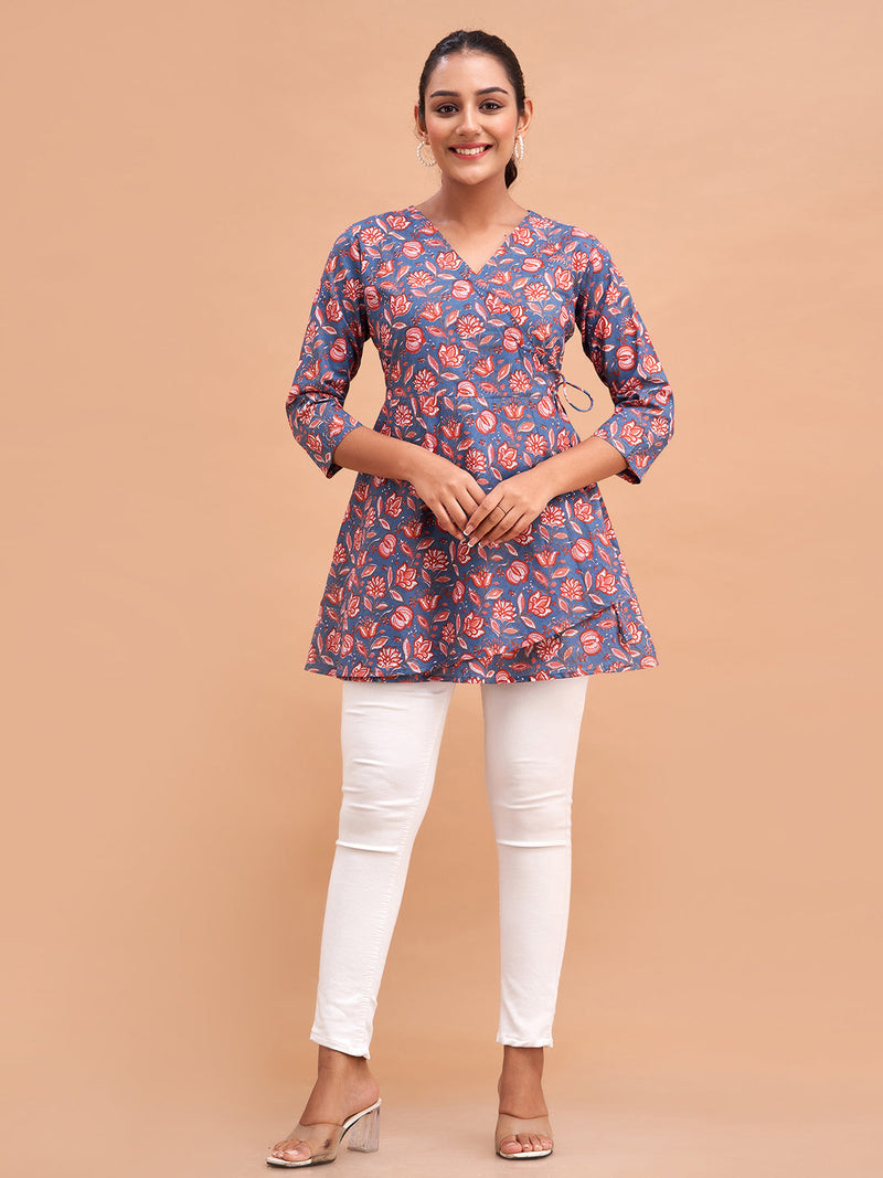 Floral Printed V-Neck Pure Cotton Angrakha A-Line Kurti