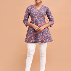 Floral Printed V-Neck Pure Cotton Angrakha A-Line Kurti