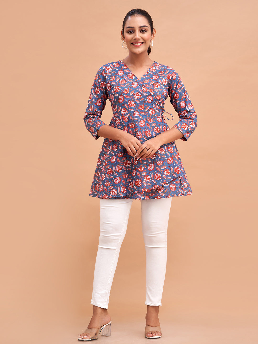 Floral Printed V-Neck Pure Cotton Angrakha A-Line Kurti FRKT6186