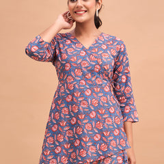 Floral Printed V-Neck Pure Cotton Angrakha A-Line Kurti