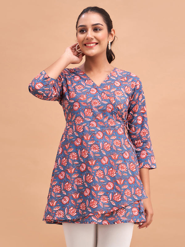 Floral Printed V-Neck Pure Cotton Angrakha A-Line Kurti