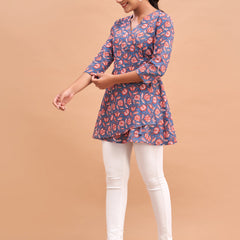 Floral Printed V-Neck Pure Cotton Angrakha A-Line Kurti