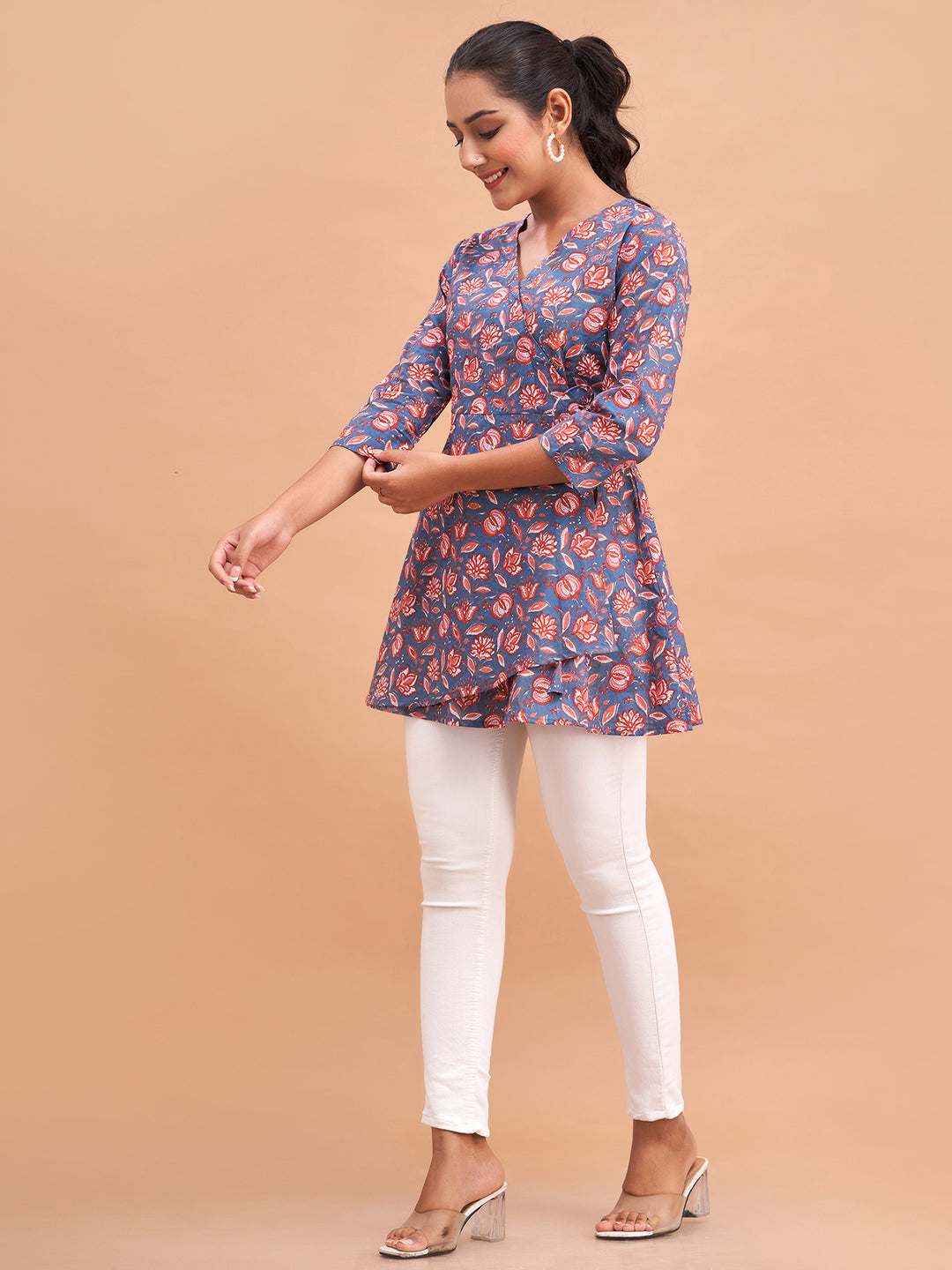 Floral Printed V-Neck Pure Cotton Angrakha A-Line Kurti FRKT6186