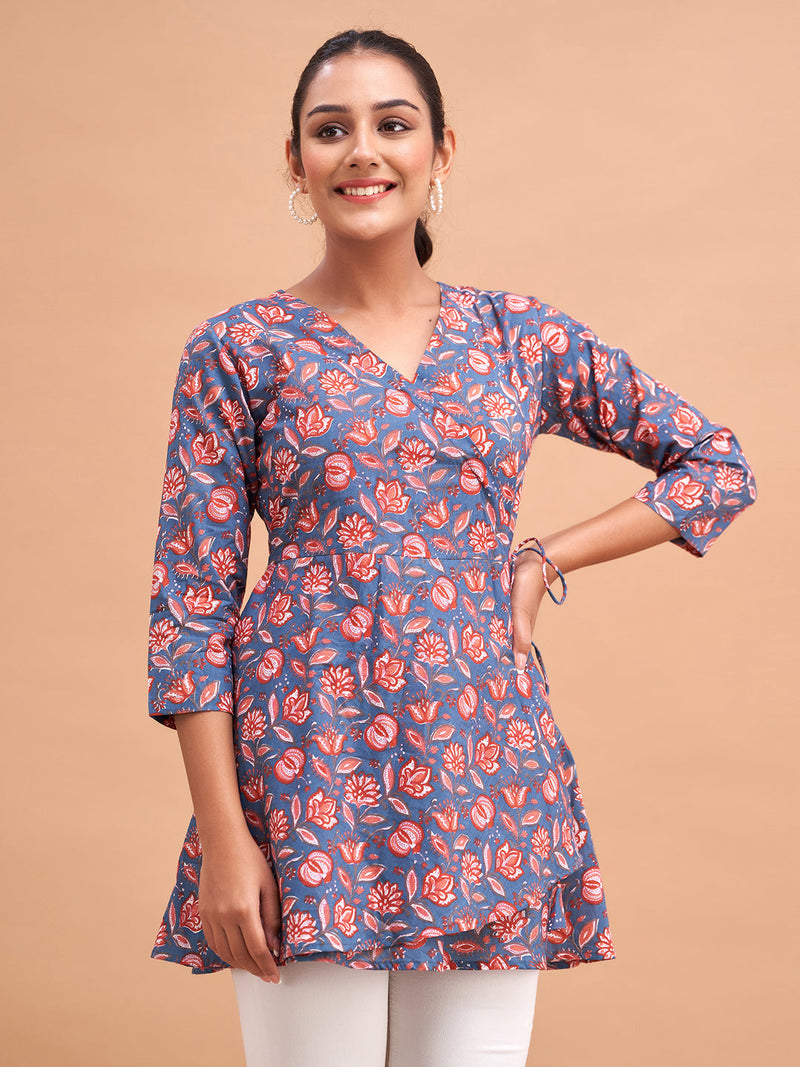 Floral Printed V-Neck Pure Cotton Angrakha A-Line Kurti