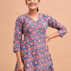 Floral Printed V-Neck Pure Cotton Angrakha A-Line Kurti