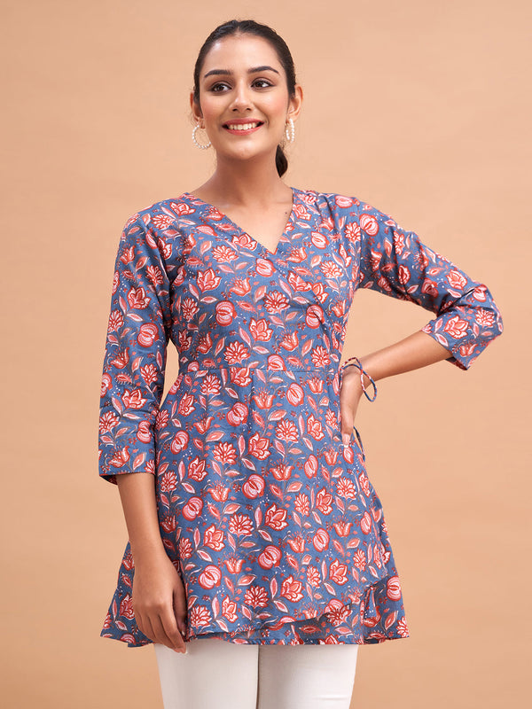 Floral Printed V-Neck Pure Cotton Angrakha A-Line Kurti