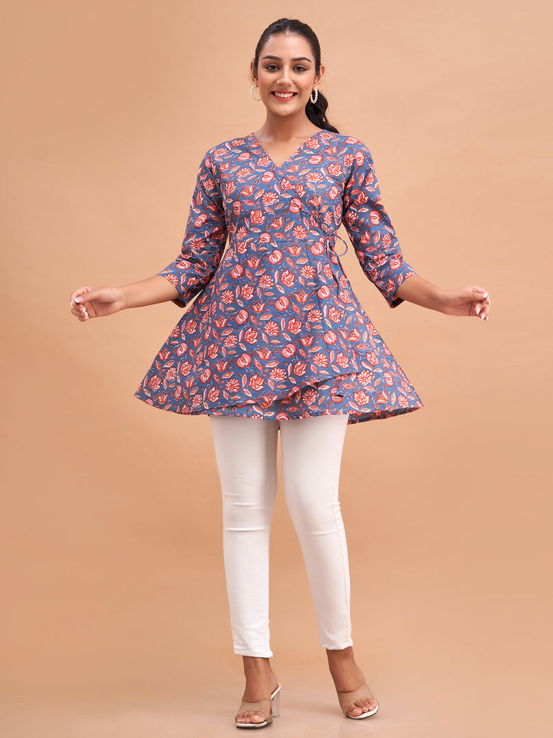 Floral Printed V-Neck Pure Cotton Angrakha A-Line Kurti