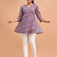 Floral Printed V-Neck Pure Cotton Angrakha A-Line Kurti
