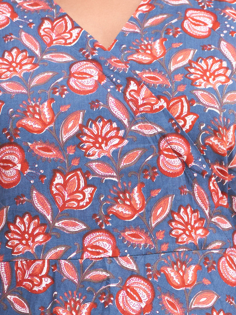 Floral Printed V-Neck Pure Cotton Angrakha A-Line Kurti
