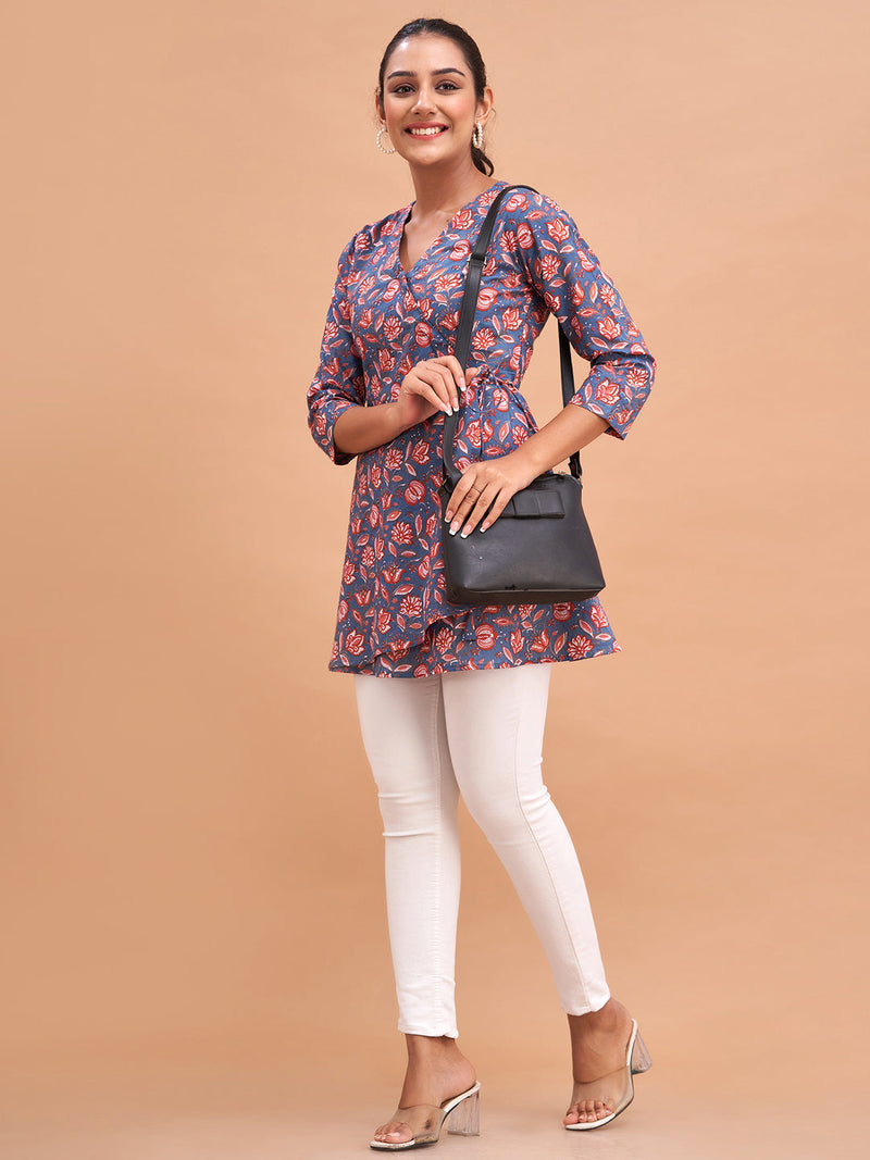 Floral Printed V-Neck Pure Cotton Angrakha A-Line Kurti
