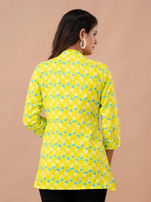 Floral Printed Pure Cotton Pleated A-Line Kurti