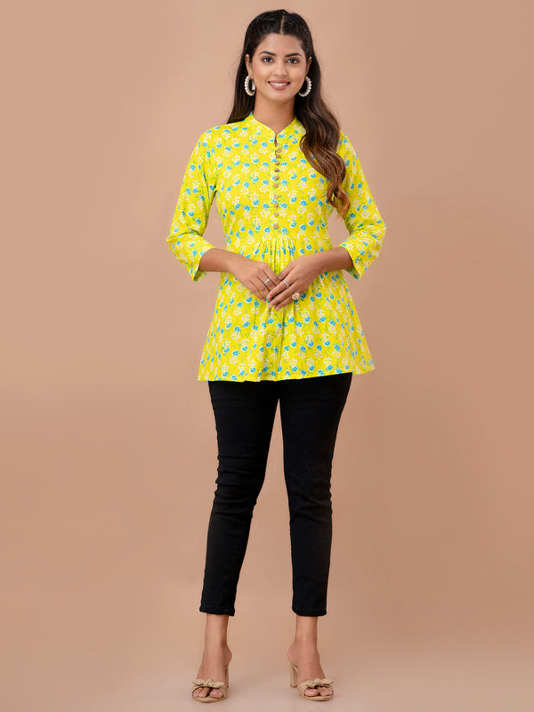 Floral Printed Pure Cotton Pleated A-Line Kurti