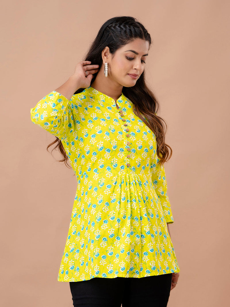 Floral Printed Pure Cotton Pleated A-Line Kurti