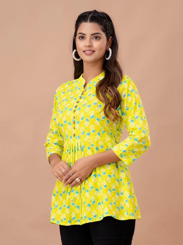 Floral Printed Pure Cotton Pleated A-Line Kurti