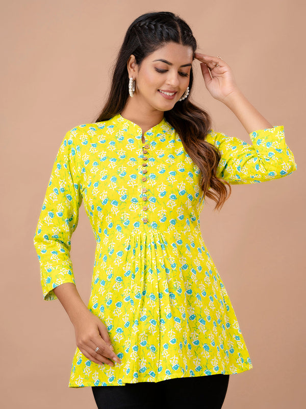 Floral Printed Pure Cotton Pleated A-Line Kurti