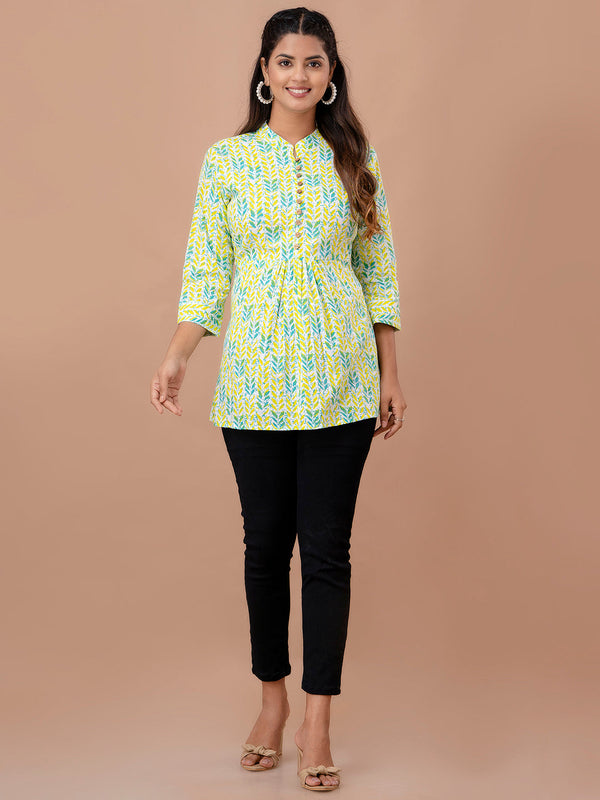 Floral Printed Pure Cotton Pleated A-Line Kurti