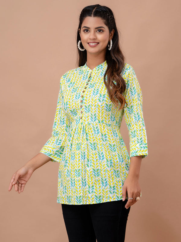 Floral Printed Pure Cotton Pleated A-Line Kurti