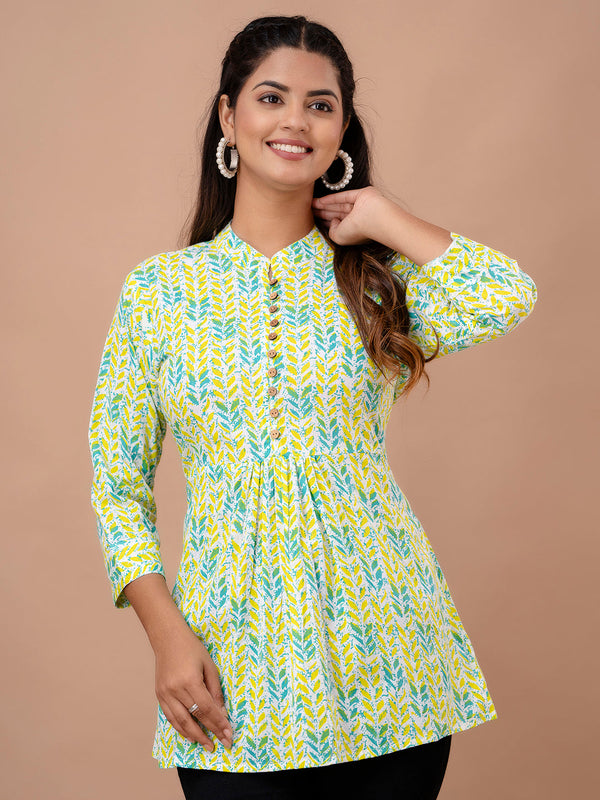Floral Printed Pure Cotton Pleated A-Line Kurti