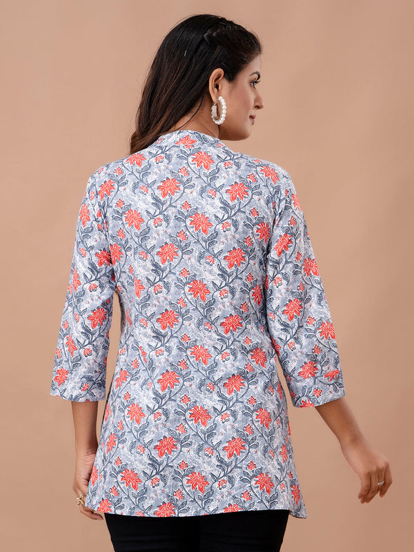 Floral Printed Pure Cotton Pleated A-Line Kurti