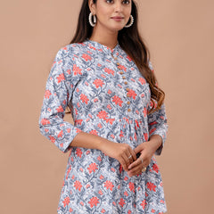 Floral Printed Pure Cotton Pleated A-Line Kurti