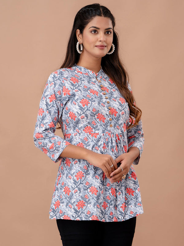 Floral Printed Pure Cotton Pleated A-Line Kurti