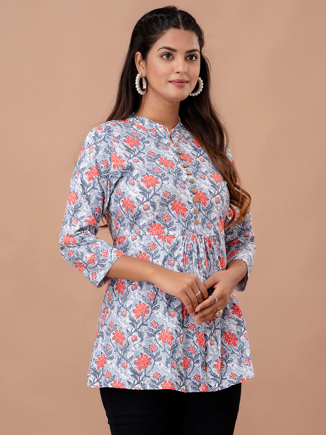 Floral Printed Pure Cotton Pleated A-Line Kurti FRKT6244