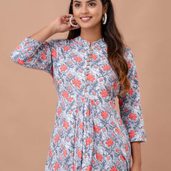 Floral Printed Pure Cotton Pleated A-Line Kurti