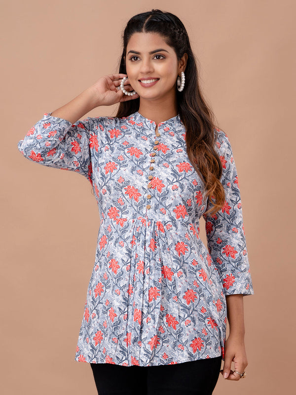 Floral Printed Pure Cotton Pleated A-Line Kurti