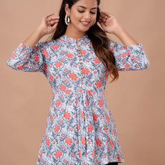Floral Printed Pure Cotton Pleated A-Line Kurti