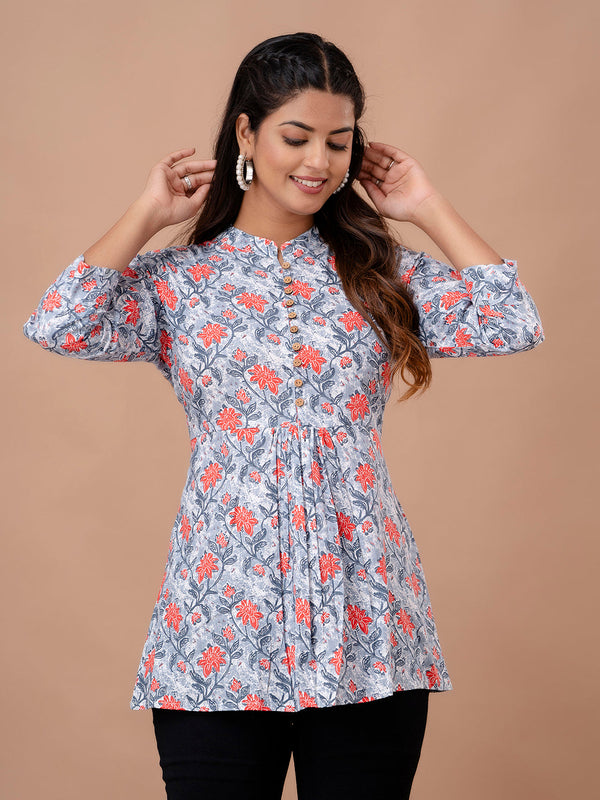 Floral Printed Pure Cotton Pleated A-Line Kurti