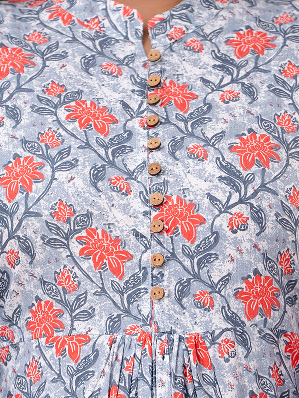 Floral Printed Pure Cotton Pleated A-Line Kurti
