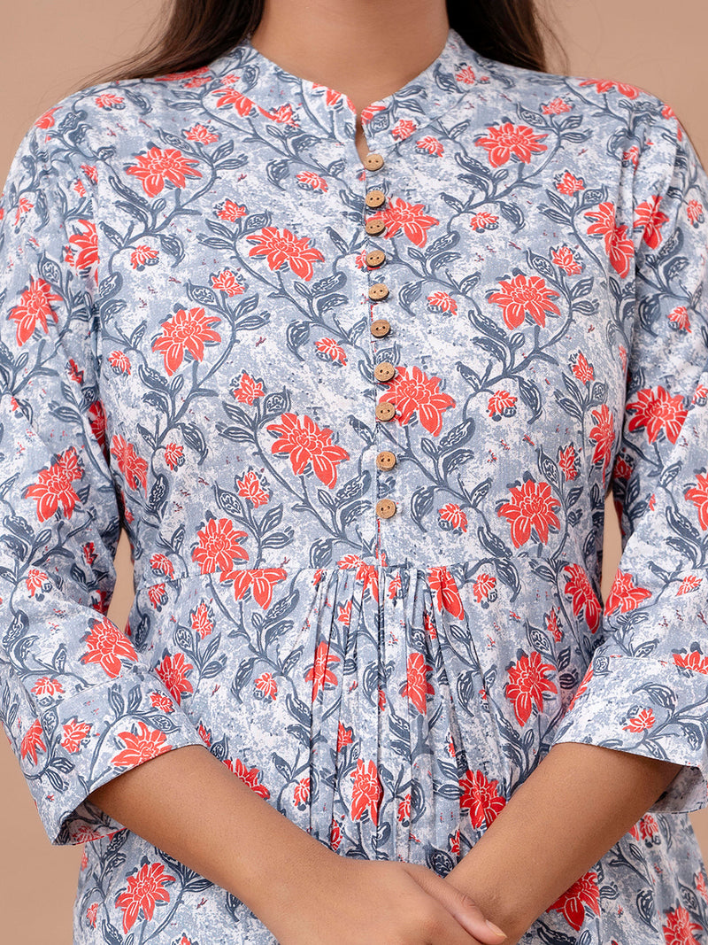 Floral Printed Pure Cotton Pleated A-Line Kurti