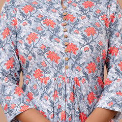 Floral Printed Pure Cotton Pleated A-Line Kurti