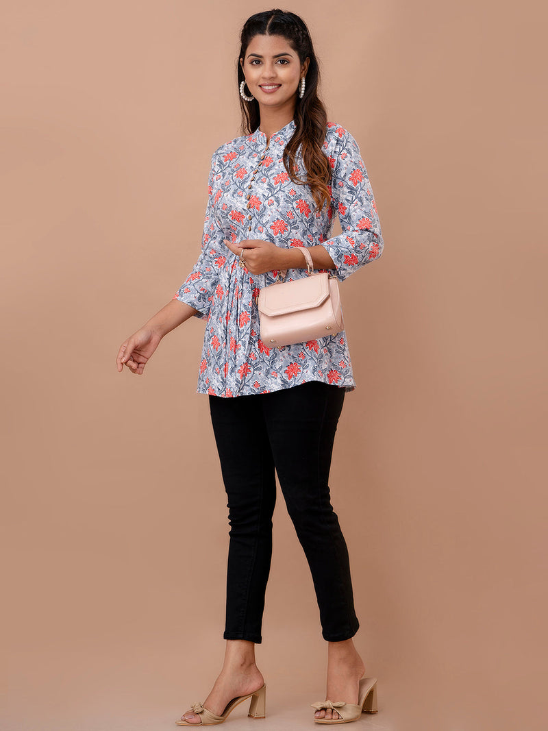 Floral Printed Pure Cotton Pleated A-Line Kurti