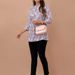 Floral Printed Pure Cotton Pleated A-Line Kurti