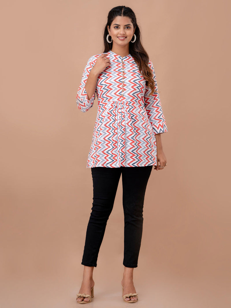 Floral Printed Pure Cotton Pleated A-Line Kurti