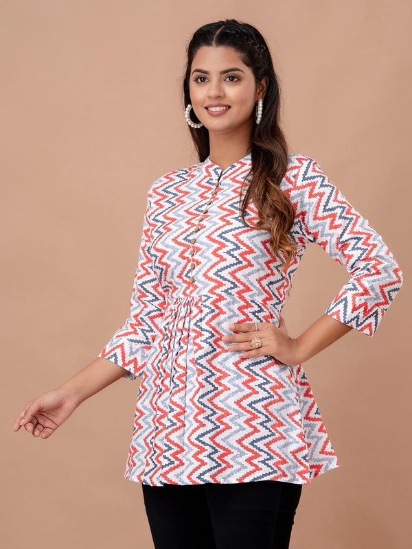 Floral Printed Pure Cotton Pleated A-Line Kurti