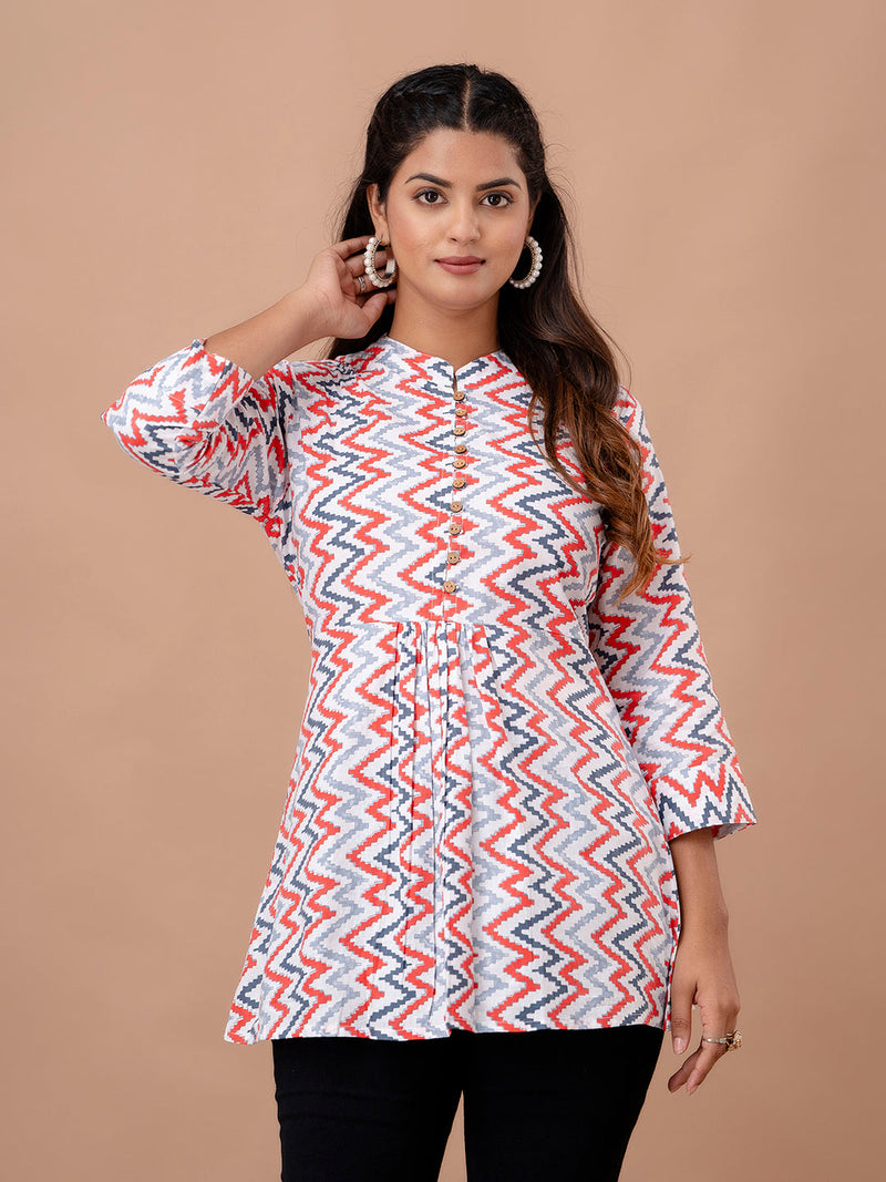 Floral Printed Pure Cotton Pleated A-Line Kurti