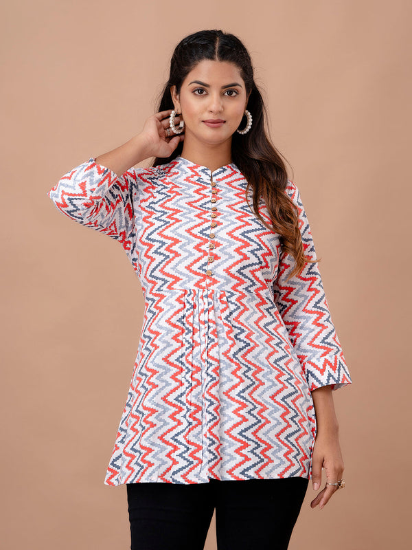 Floral Printed Pure Cotton Pleated A-Line Kurti