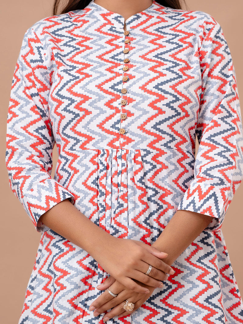 Floral Printed Pure Cotton Pleated A-Line Kurti
